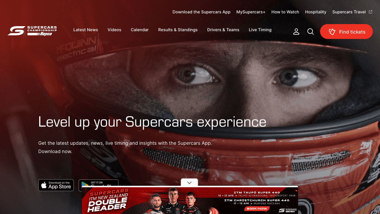 Supercars app interface showing race schedule and live timing